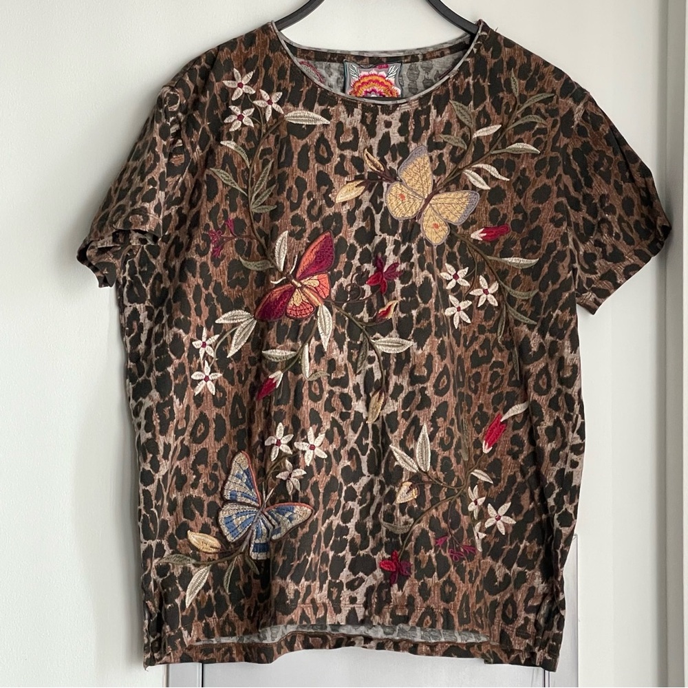 JOHNNY WAS Embroidered Leopard Print Top